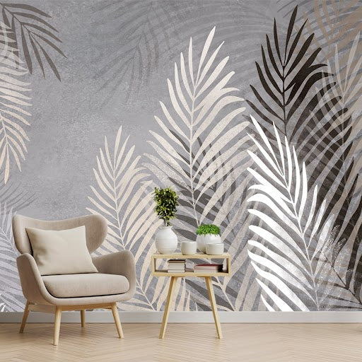 A close-up of aBeige and Grey Background Tropical Leaves Wallpaper, Customised Indrani Series Soft Feel Tropical Design (Customised Size Wallpaper )available at Material Depot in Bangalore